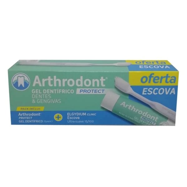Arthrodont Protect Gel dentífrico 75mL com Oferta de Elgydium Clinic 15/100 Escova de dentes suave